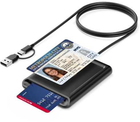 Lettore di smart card con NFC, 2 in 1 contatto/senza contatto, adattatore USB-C/USB-A, Windows/MacOS/Linux