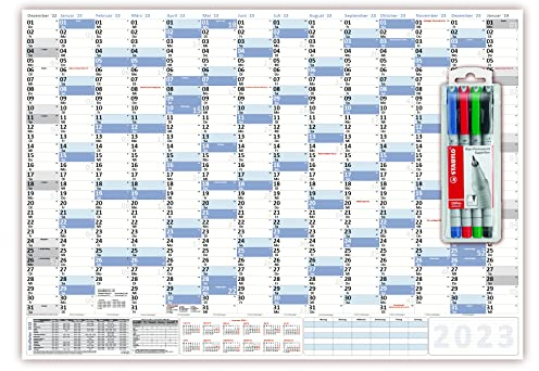 XXL Wandkalender DIN B1 2025 blau, nass abwischbar inkl. Stifteset Format 100 x 70cm Jahresplaner Wandplaner gerollt