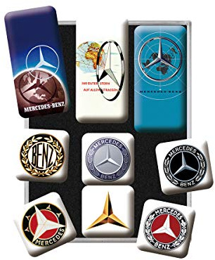Nostalgic-Art Juego de Imanes Retro, Mercedes-Benz Logos – Regalo para Aficionados a Coches, Decoración para la Nevera, Diseño Vintage, 9 Unidades