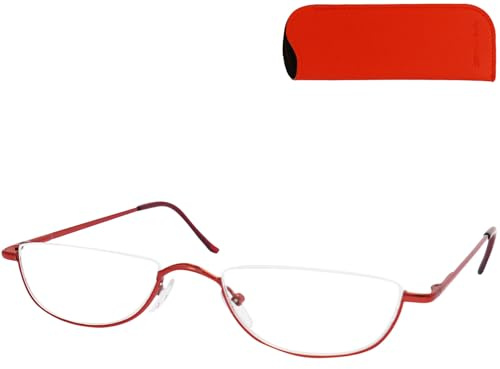 Mini Brille - Lunettes de Lecture Demi-Lune Style Vintage, Boite Lunette Inclus, Cadre en Acier Inoxydable (Rouge) Lunette Homme et Femme +2,5 Dioptrie