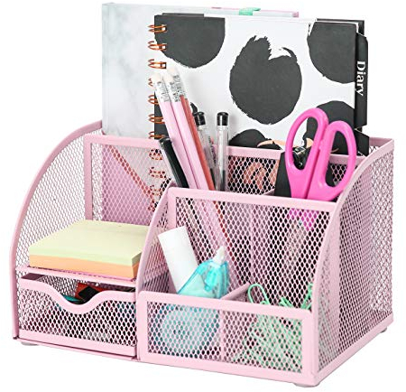 EXERZ Desk Organiser/Mesh Desk Tidy Caddy/Pencil Holder Multifunctional with 7 Compartments- Light Pink