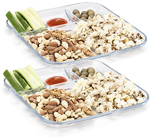 Navaris Glass Divided Plates (Set of 2) - 4-Section Snack Plate for Adults Serving Portion Control - 25.4cm Square Clear Platter with Food Dividers