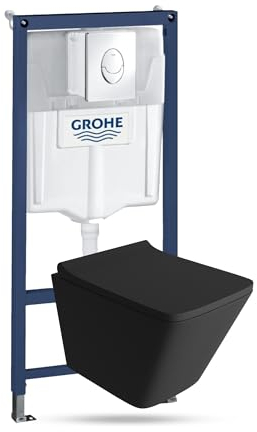 domino Lavita Vorwandelement Solido Start + Wand Hänge WC Lago Schwarz Spülrandlos + WC Sitz mit Absenkautomatik Verchromter Knopf Komplettset Unterputz Spülkasten Toilette Komplett Sett WC