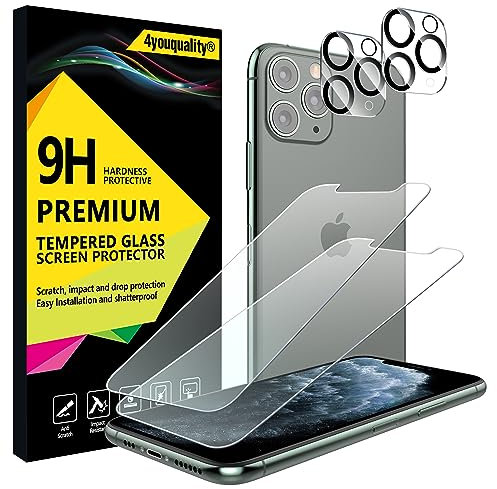 4youquality [4-in-1 Screen Protector for iPhone 11 Pro with Camera Lens Protector, Tempered Glass Film, 2-Pack Each, [LifetimeSupport][Impact-Resistant][Anti-Scratch][Ultra-Transparent]