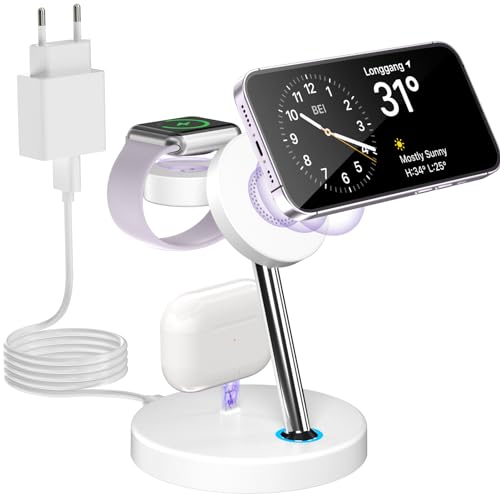 Caricatore Wireless,Sewowibo 3 in 1 Caricatore Wireless,Stazione Ricarica per i Phone 15/14 /13/12 Serie, caricatore magsafe per Apple Watch Ultra/9/8/7/6/5/4/3/2/SE, AirPods 3/2/pro-Bianco