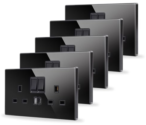 JIMEIDA 5 Pack Double Switched Socket Black 20W Fast Charging 13 Amp with USB A and Type C Charging Ports Crystal Glass Panel Wall Outlet