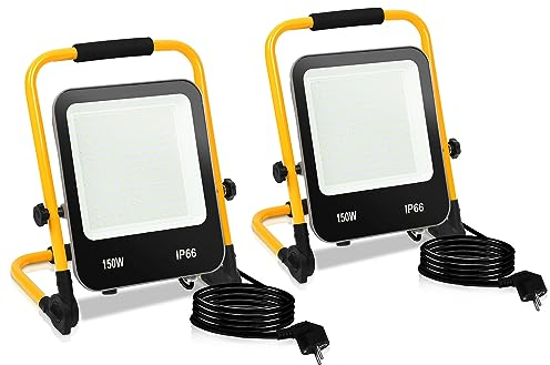 Gimisgu LED Baustrahler, 2x150W Arbeitsleuchte 13000LM 6000K Kaltweiß IP66 Wasserdicht, Tragbares Baulampe mit 3M Kabel und Faltbarer Ständer für Innen-Außenbereich (mit Stecker)