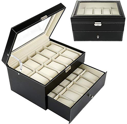 MAYMA Boîte à Montres à 2 Couches,Coffret à Montres,avec Couvercle en Verre,20 Compartiments et 1 Tiroir,avec Coussinets Amovibles,pour Montres, Bagues, Bracelets (28.5 * 20.5 * 15cm)