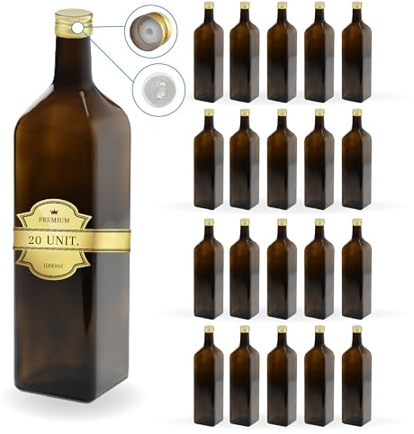 Espirito Rebelde 20 Botellas de Vidrio Oscuro 1000 ml con Tapón de Rosca Dorado con Boquilla para Verter - Aceite de Oliva, Vinagre, Alcohol - Aceitera de Cristal