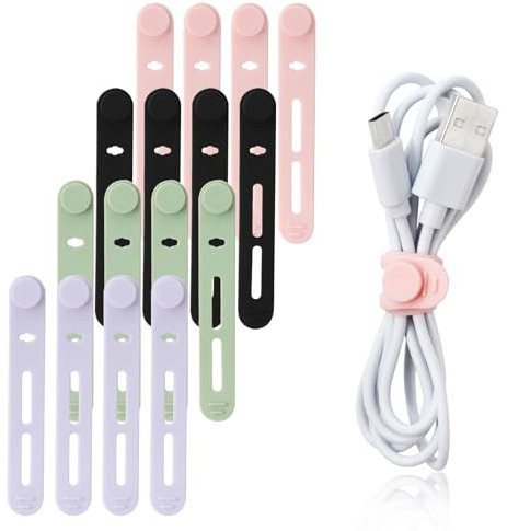 TamBee Cable Ties Reusable Silicone Cable Straps 16pcs Cable Wire Ties Cable Cord Organizers for Earphone Phone Charger Cable Computer (16Pcs, Mix-Color)