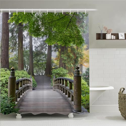 Simpomsy Japanese Shower Curtain Morning Foggy Wooden Bridge Japanese Garden with Various Types of Trees Polyester Fabric Shower Curtain Green with 12 Hooks 150x180cm