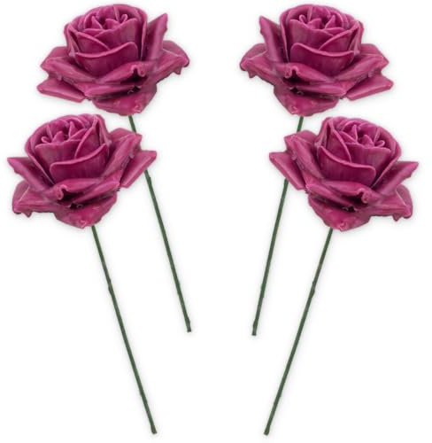 Kunstrosen-Blüten mit Stiel als künstliche Deko-Rosen aus Wachs - 4 rosa pink Rosenblüten wie echt für Blumengestecke Blumen-Dekoration - Wachsrosen als Kunstrosen Friedhof Grabschmuck