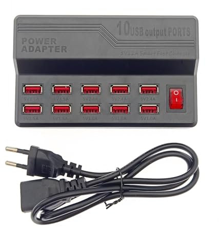 JZK Caricatore USB da 5 V, 12 A, 10 porte, 60 W, stazione di ricarica multipla, adattatore di alimentazione USB, caricatore rapido USB