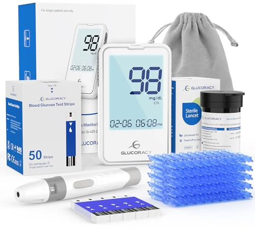 Glucoracy G-425-2 Blood Glucose Monitoring System,Blood Sugar Test Kit with Lancing Device, 50 Test Strips and 50 Lancets for Diabetes, Home Testing Kit