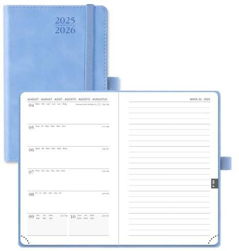 POPRUN Taschenkalender 2025 2026 Klein Notizbuch (Aug.2025-Dez.2026), ca. A6 (16 x 10,5 cm), kalender 2025 Klein mit Softcover - Terminplaner mit PU-Leder - Cyanblau