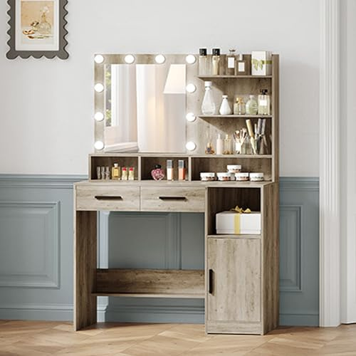 Hzuaneri Coiffeuse avec Miroir et 10 Lumières LED Réglables, Greige