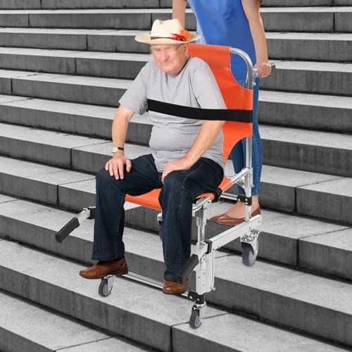 Apriltop Faltbarer Notfall Treppenstuhl, Treppensteig Rollstuhl, Maximale Belastung 160Kg, 2* Entriegelbare Räder + 2* Abschließbare Räder, Orange