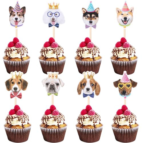 Jeffdad 24 Stück Hund Tortendeko Geburtstag, Süß Hunde Muffin Deko Cupcake Topper mit Stab Lustige Tortenaufleger Kuchen Dekoration Geburtstagsdeko für Hund Pet Party Dekorationen
