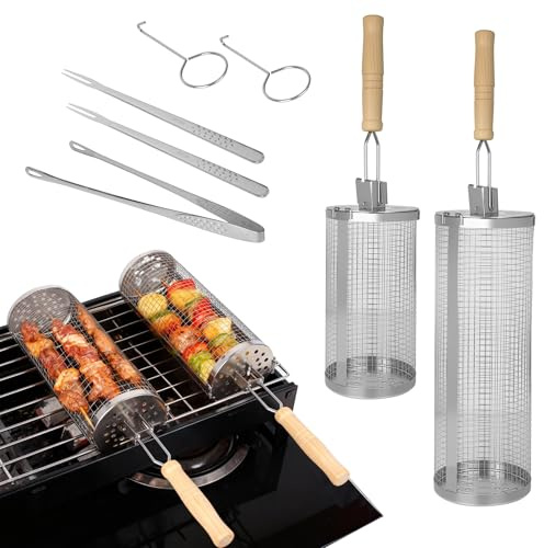 Cestello Rotolabile per Barbecue 7 Pezzi,Acciaio Inox 304 con Manico Rimovibile,Kit Barbecue e Accessori barbecue per Verdure Carne Pesce,Griglia per Barbecue BBQ Esterno Campeggio Cucina,Regalo Uomo