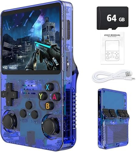 Gziztx Console di gioco portatile retrò R36S: oltre 21.000 giochi classici, schermo IPS da 3,5, memoria da 64 GB/128 GB, dispositivo di gioco portatile Linux (64G-Blu)