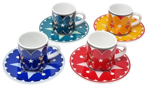 Bialetti Set med 4 koppar färgglada matchande kaffekoppar och tefat, design med björnar med Joyful Memories i keramik, 70 ml tvättbar