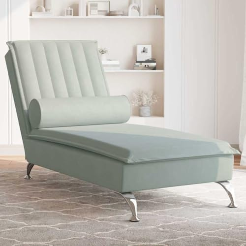 faucqel massage schäslong ljusgrå sammet med nackrulle och USB-massagefunktion, 137 x 56 x 75 cm, förkromade metallben, avslappningsstol för vardagsrum, soffa alternativ, bekväm recamiere