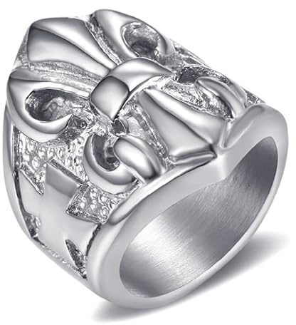 BOBIJOO Jewelry - Bague Chevalière Fleur de Lys Doré Argenté Croix Malte Anneau Templier Acier Inoxydable 316L Lis - 60 (9 US)