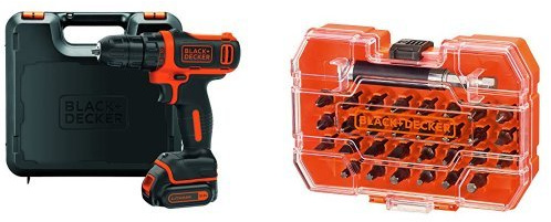 Black+Decker Li-Ion Ultra-Kompakt-Bohrer BDCDD12K + A7228 31-teilig Bit-Set für Schraub- und Montagearbeiten