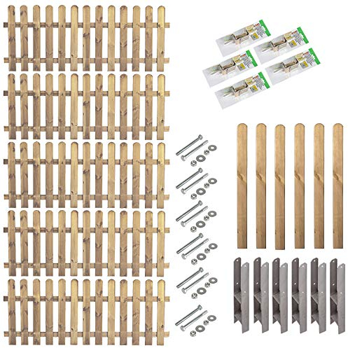 Komplett-Set Garten-Zaun/Latten-Zäune Friesenzaun // 5 Zaunelemente (200 x 100 cm (B x H)) inkl. Zubehör //ca. 10,54 lfd. Meter // + 6 Zaun-Pfosten mit Rundkopf (9 x 9 x 110 cm) + Montagematerial