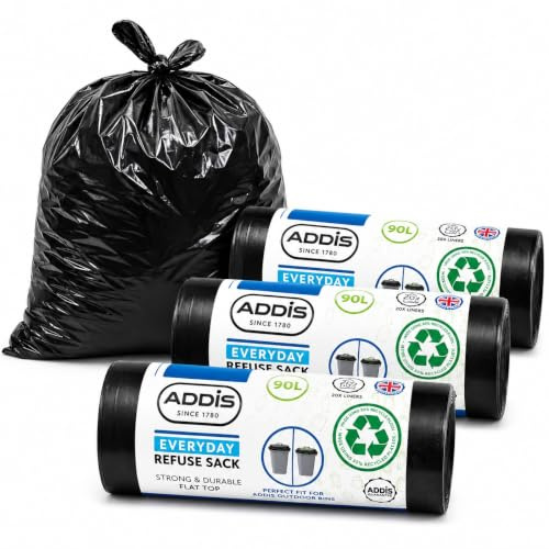 Addis 90 Litre Degradable Refuse Waste Trash Bin Bags Made from Recycled Material, Bulk 3X 20 Roll Packs, Total 60 Liners, Black, 3