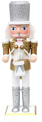 Dekohelden24 Wooden Nutcracker Drum in Silver/Gold/White with Glitter, Dimensions L x W x H: 7 x 6.5 x 20 cm, 20 cm