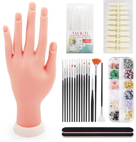 Deciniee Practice Hand for Acrylic Nails, Silicone Hand & Manicure DIY Tool | Flexible Training Fake Hand Model Full Kit with 200 Tips, Brushes,Rhinestones,Complete Nail Art Set for Salon Beginners, Gift