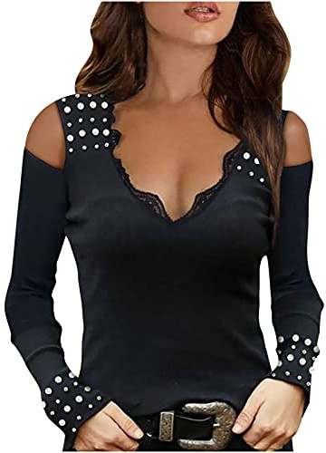 2021 Nuevo Camiseta Manga Larga de Mujer, otoño Sexy Casual Moda Color sólido Blusa un Hombro Camisa Elegante Cuello en V Basic Cómodo Slim Fit Camiseta Tops Fiesta Primavera T-Shirt Original