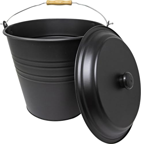 12L Black Metal Ash Bucket - Wooden Handle Fireplace Container Coal Storage, Wooden Handle & Lid Handle | Log Holder | Living Room, Fireplace, Fire Pit Wood Burning Stove Bin, Includes Lid