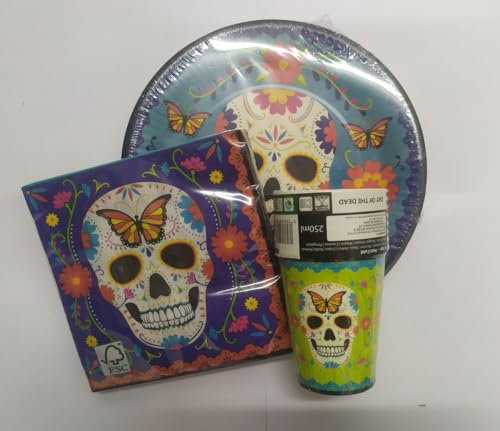 Lote de Cubiertos Infantiles Calaveras Multicolores (40 Vasos, 40 Platos y 48 Servilletas) .Vajillas y Regalos para Halloween, Cumpleaños, Bodas, Bautizos y Comuniones.