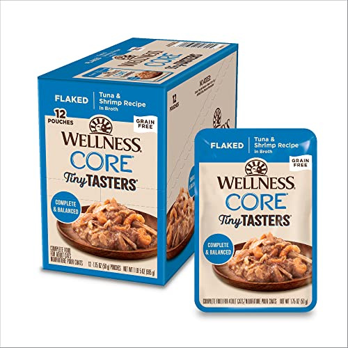 Wellness CORE Tiny Tasters Flaked Adult Wet Cat Food, Natural, Protein Rich, Grain Free, Tuna and Shrimp Recipe, 1.75 oz, Pack of 12 Pouches