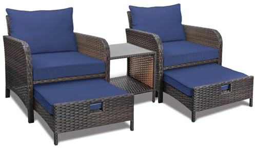 LEVELEVE Balcony Furniture 5 Piece Patio Conversation Set, PE Wicker Rattan Outdoor Lounge Chairs with Soft Cushions 2 Ottoman&Glass Table for Porch, Lawn-Brown Wicker