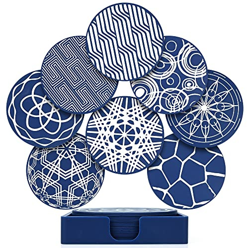 Drink Coasters Set of 8, Blue Round Silicone Rubber Cup Pad with Square Storage Box Non-slip Mug Mat Decorative Coasters for Homes Bars Coffee & Most Cups Beer Mug Wine Glass Bottle - 9.8cm