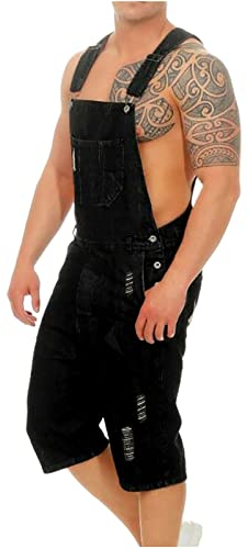 HAOLEI Kurze Herren Jeans Latzhose Denim Short Cargo Overall Pants Latz Arbeitshose Slim Fit Jeanshose Jungen cool Jumpsuit Jogger Streetwear