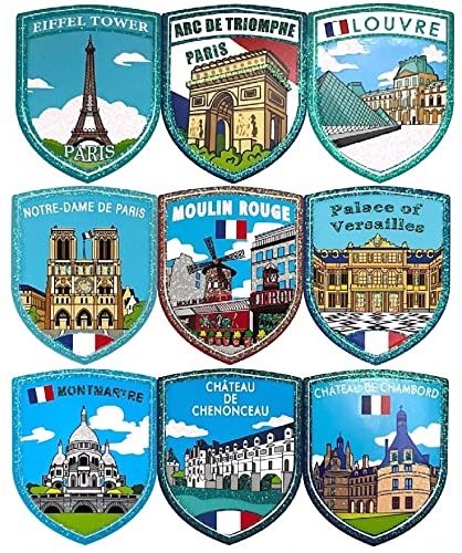 A-ONE France Historical Spots Holographic Glitter Laptop Fantastische Aufkleber 9 Stück + European Union EU Vintage Marines Patch 1 PC, French Travel Label für Wasserflasche, Küche Deko SR3+NO.106