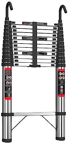 Ausziehleiter mit Haken, Edelstahl, zusammenklappbar, 5 m, ausziehbare Teleskopleiter, strapazierfähig, max. Belastung 150 kg, für Büro, Garten, Dachboden, Zuhause
