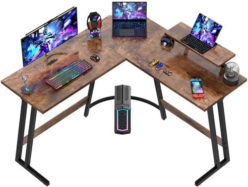 Devoko Bureau Gaming d'angle 130 x 130cm avec Support d'écran, Table Informatique en Coin,Bureau Gamer en Forme de L Table pour Etudier, Jouer et Travailler Marron