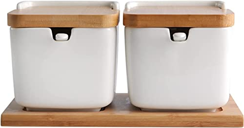 Frascos de especias, contenedor de especias, tarros de cerámica for condimentos, azucareros, cajas de sal con cucharas de cerámica, cubierta abatible de bambú, salero y pimentero de bandeja de madera,