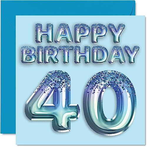 Geburtstagskarte zum 40. Geburtstag für Männer, Blauer Glitzer-Partyballon | Happy Birthday Karten für 40 Jahre alten Mann, Freund, Vater, Bruder, Onkel, Cousin, 145 mm Geburtstagsgrußkarten