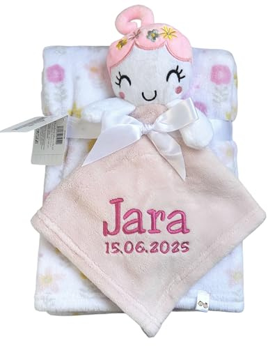 KIDDI-MEDIA Babydecke inklusive Trösterchen, Blumenmädchen 1 | Mit Name und Geburtsdatum, Bestickt, Kuschelig weich