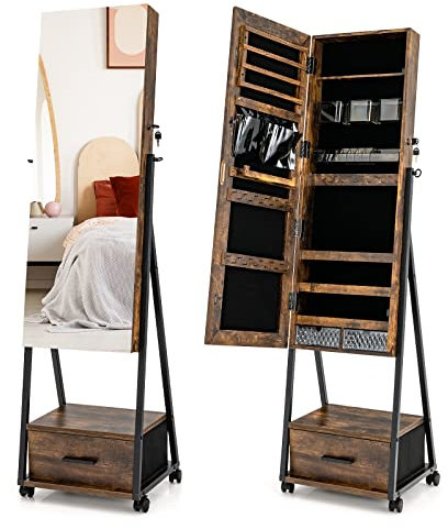 COSTWAY Armoire à Bijoux à Roulettes avec Miroir de Pleine Longueur, Miroir sur Pied avec 9 Compartiments, Porte Verrouillable, Grand Tiroir, Étagère, 42 x 38 x 157 cm (Marron Rustique)