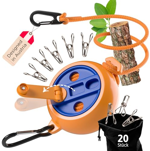 AUTDOOR® Wäscheleine 10m ausziehbar, mit Kurbel für Camping & Outdoor