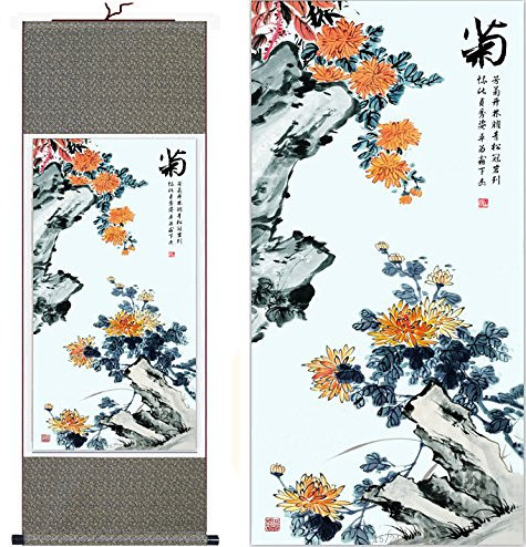 vglakjG Chinese Painting Home Decorate Calligraphy Scroll Pintura China de Seda con crisantemo for Decorar el hogar, caligrafía, pergamino, Arte Colgante, Regalo (Alto 40 x Ancho 12) 40142