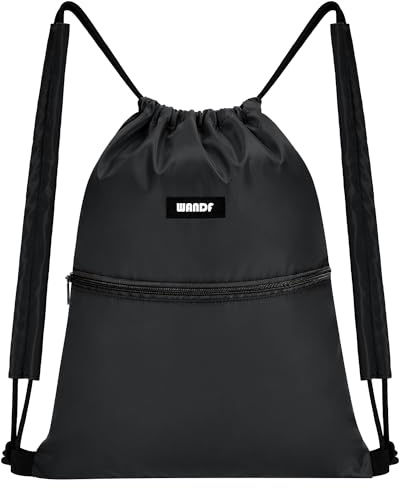 WANDF Drawstring Backpack with Shoulder Pad String Bag Sackpack Cinch Water Resistant Nylon for Gym Shopping Sport Yoga (Black)