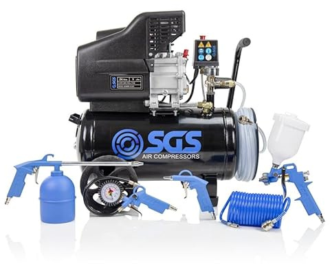 SGS 24 Litre Direct Drive Air Compressor with Integrated Hose Reel & 5 Piece Tool Kit – Portable Air Compressor for DIY and Workshop Use, 2.5HP, 9 CFM, 116 PSI
